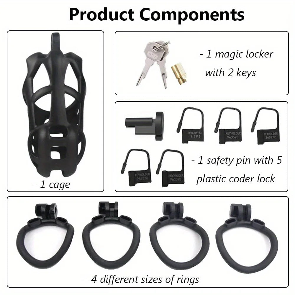 New Color Male Penis Lock Chastity Cage with Lock and 4 Rings Resin Virginity for Men Couple Breathable Cock Ring Penis Restrain