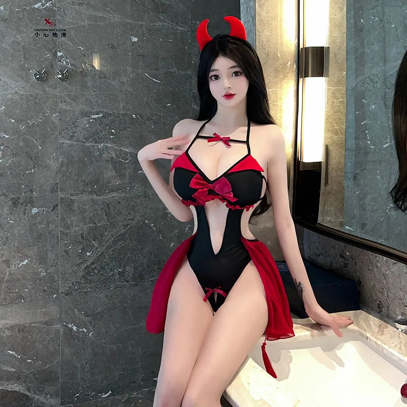 Sexy Lingerie Little Devil Uniform Domen Cosplay Exotic Costumes Bodysuit Open Crotch Pajamas Suit Night Club Wear Women Girls