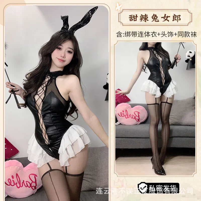 Sexy Mesh Lace Patent Leather Splicing Bodysuits Cosplay Bunny Girl Backless Deep V Sleeveless Bodysuits Charming Nightclub·6JD9