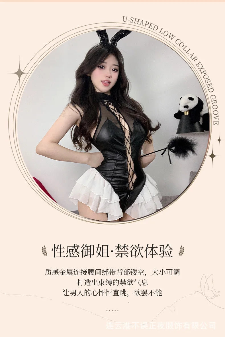 Sexy Mesh Lace Patent Leather Splicing Bodysuits Cosplay Bunny Girl Backless Deep V Sleeveless Bodysuits Charming Nightclub·6JD9