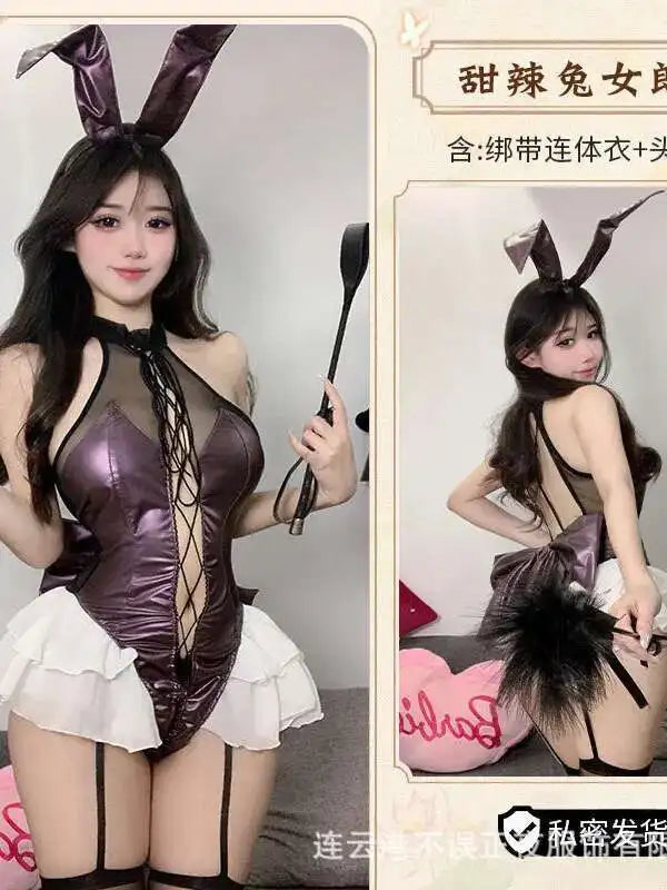 Sexy Mesh Lace Patent Leather Splicing Bodysuits Cosplay Bunny Girl Backless Deep V Sleeveless Bodysuits Charming Nightclub·6JD9