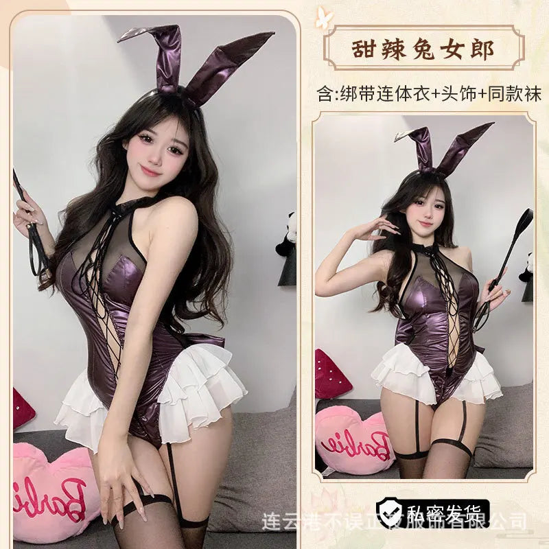 Sexy Mesh Lace Patent Leather Splicing Bodysuits Cosplay Bunny Girl Backless Deep V Sleeveless Bodysuits Charming Nightclub·6JD9