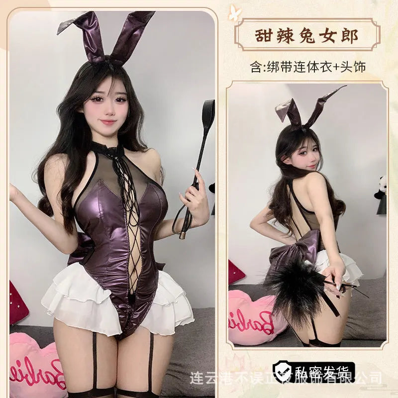 Sexy Mesh Lace Patent Leather Splicing Bodysuits Cosplay Bunny Girl Backless Deep V Sleeveless Bodysuits Charming Nightclub·6JD9