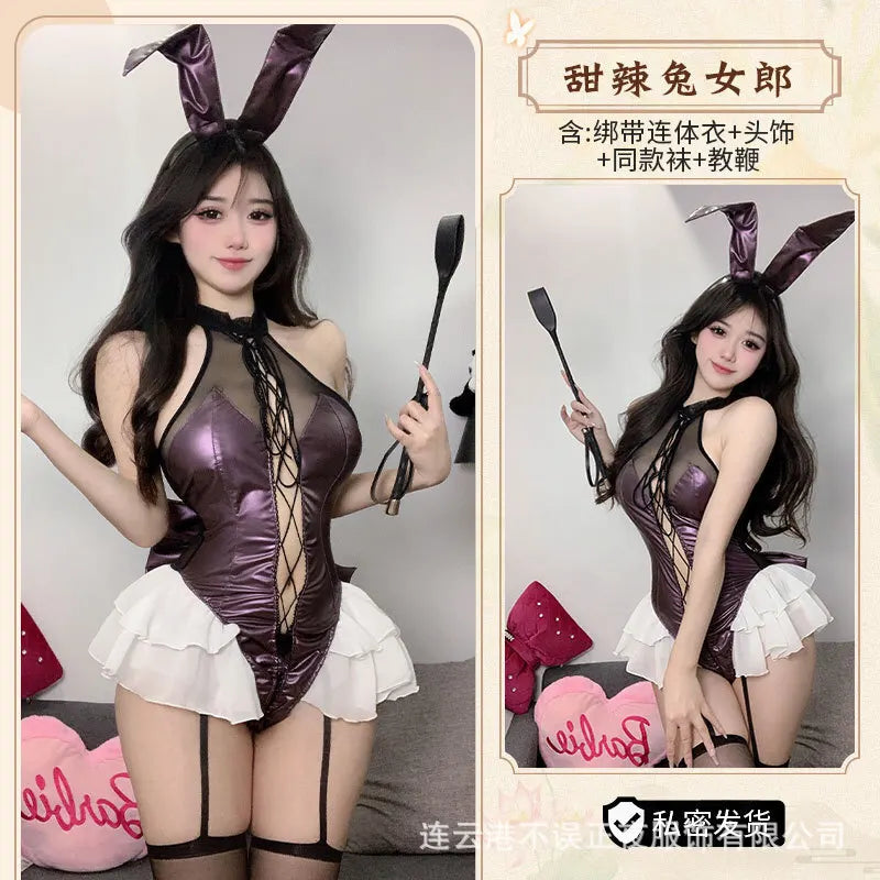 Sexy Mesh Lace Patent Leather Splicing Bodysuits Cosplay Bunny Girl Backless Deep V Sleeveless Bodysuits Charming Nightclub·6JD9