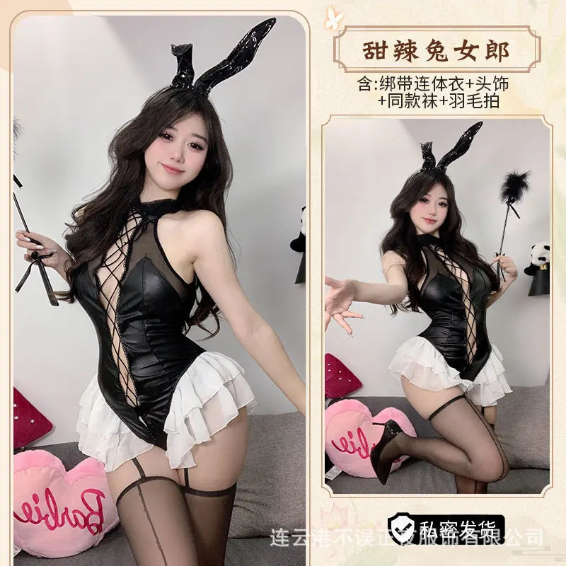 Sexy Mesh Lace Patent Leather Splicing Bodysuits Cosplay Bunny Girl Backless Deep V Sleeveless Bodysuits Charming Nightclub·6JD9