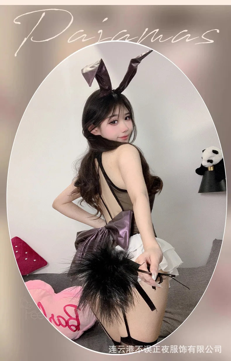 Sexy Mesh Lace Patent Leather Splicing Bodysuits Cosplay Bunny Girl Backless Deep V Sleeveless Bodysuits Charming Nightclub·6JD9